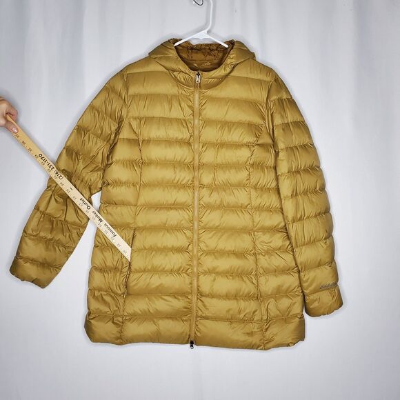 Eddie Bauer Packable Puffer Down Jacket Women XL 650 Goldenrod Yellow Hooded Zip - Picture 4 of 9